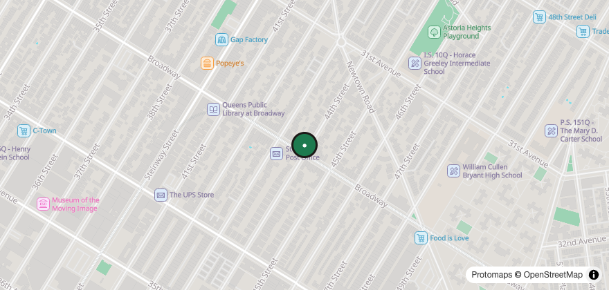 Static map showing the location of Gino's Pizzeria – Astoria
