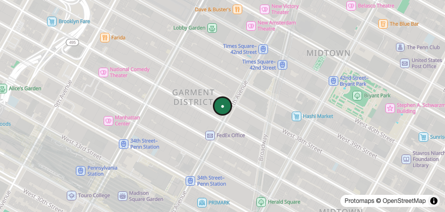 Static map showing the location of Made in New York Pizza – 7th Avenue